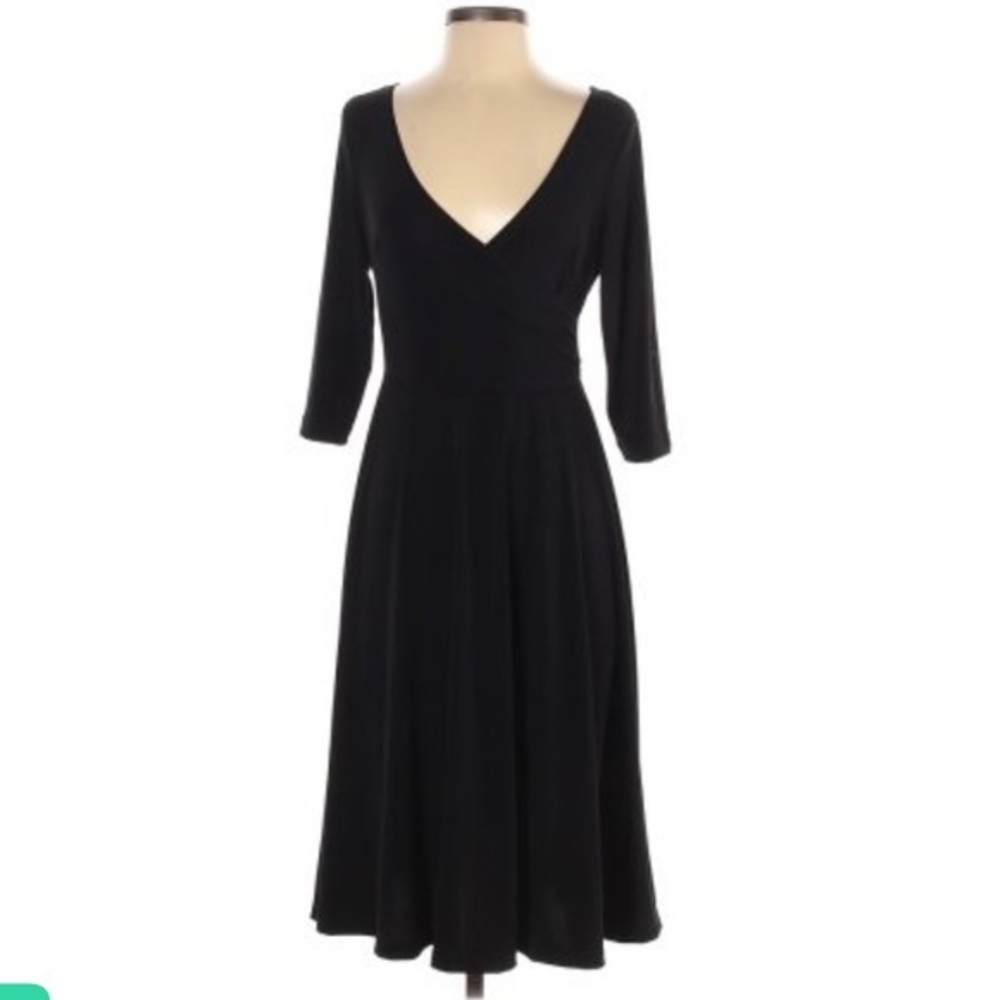 LBISSE size S black faux wrap ruched v-neck stretch knit 3/4 sleeve midi dress